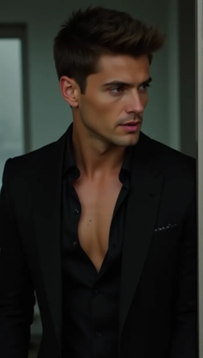 Image male, young_adult, brown hair, short hair, athletic build, tan skin, open shirt, black suit, confident, seductive gaze, hand on chest, looking away, side lighting, indoors, modern office, masterpiece, best quality, detailed