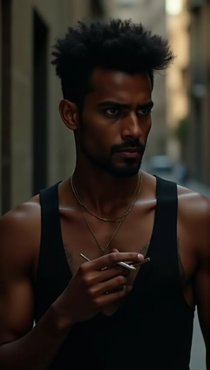Image male, mid-adult, Somali, tough, protective, enigmatic, looking away, upper body, holding a cigarette, shadows, late afternoon light, urban setting, masterpiece, best quality, detailed, seductive, seductive eyes, muscular build