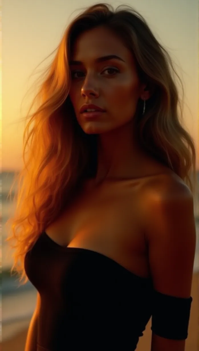 Image female, mid-adult, long hair, wavy hair, brown eyes, light skin, slender build, professional photographer, off shoulder top, black top, holding camera, looking away, seductive pose, golden hour, sunset, beach, detailed, masterpiece, best quality
