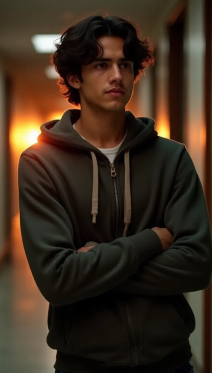 Image male, 15 years old, dark hair, brown eyes, tan skin, athletic build, casual hoodie, jeans, looking away, arms crossed, mysterious, sunset, high school hallway, detailed, masterpiece, best quality, seductive lighting, tempting pose, full of temptation