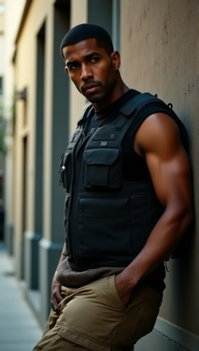 Image male, mid-adult, short black hair, dark eyes, dark skin, muscular build, dark tactical vest, tan cargo pants, military boots, intense gaze, brooding expression, leaning against a wall, hand in pocket, dramatic lighting, afternoon, urban street, detailed background, masterpiece, best quality, detailed