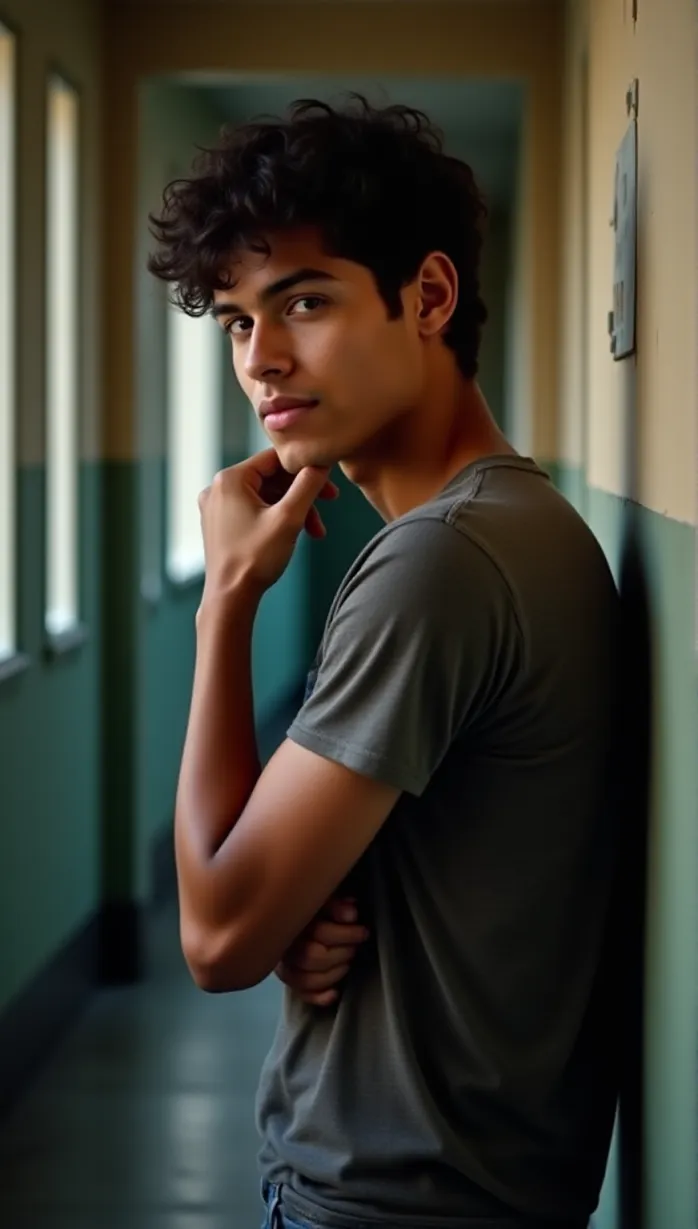 Image male, teen, medium shot, looking away, messy hair, brown eyes, dark skin, casual outfit, ripped jeans, smirk, hand on chin, thought bubbles, window light, daytime, high school hallway, detailed, masterpiece, best quality