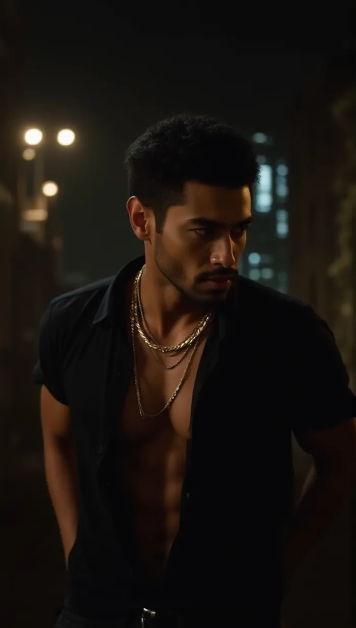 Image male, mid-adult, dark skin, short black hair, stern expression, muscular build, standing, chest up, open shirt, gold chain, dramatic lighting, city at night, detailed, masterpiece, best quality, seductive pose, looking away, shadows, rugged features, longing gaze