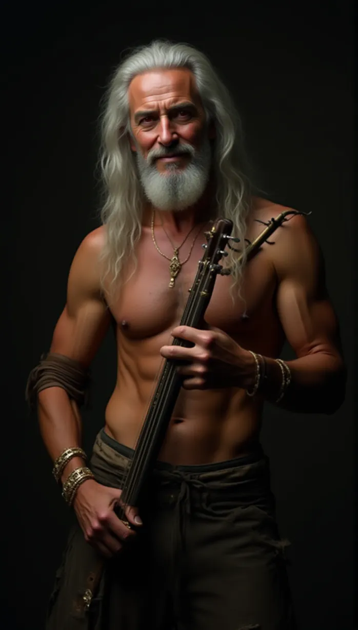 Image male, old, dragon features, long flowing silver hair, sharp crimson eyes, tanned skin, muscular build, lute, ripped tunic, leather pants, gold accessories, seductive expression, smirk, hand on hip, back arched, shadow lighting, dungeon, dramatic lighting, detailed, masterpiece, best quality