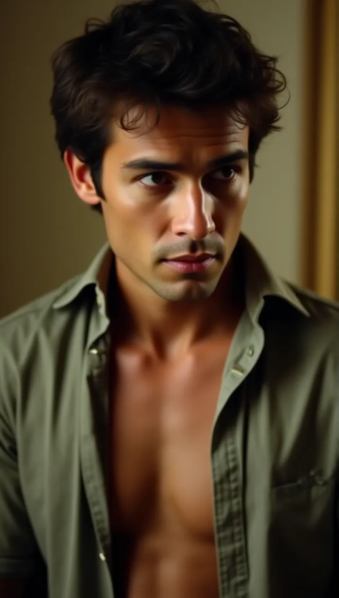 Image male, mid-adult, short hair, brown eyes, fair skin, average build, open shirt, casual wear, holding a book, looking away, thoughtful, soft lighting, indoor, hotel room, masterpiece, best quality, detailed
