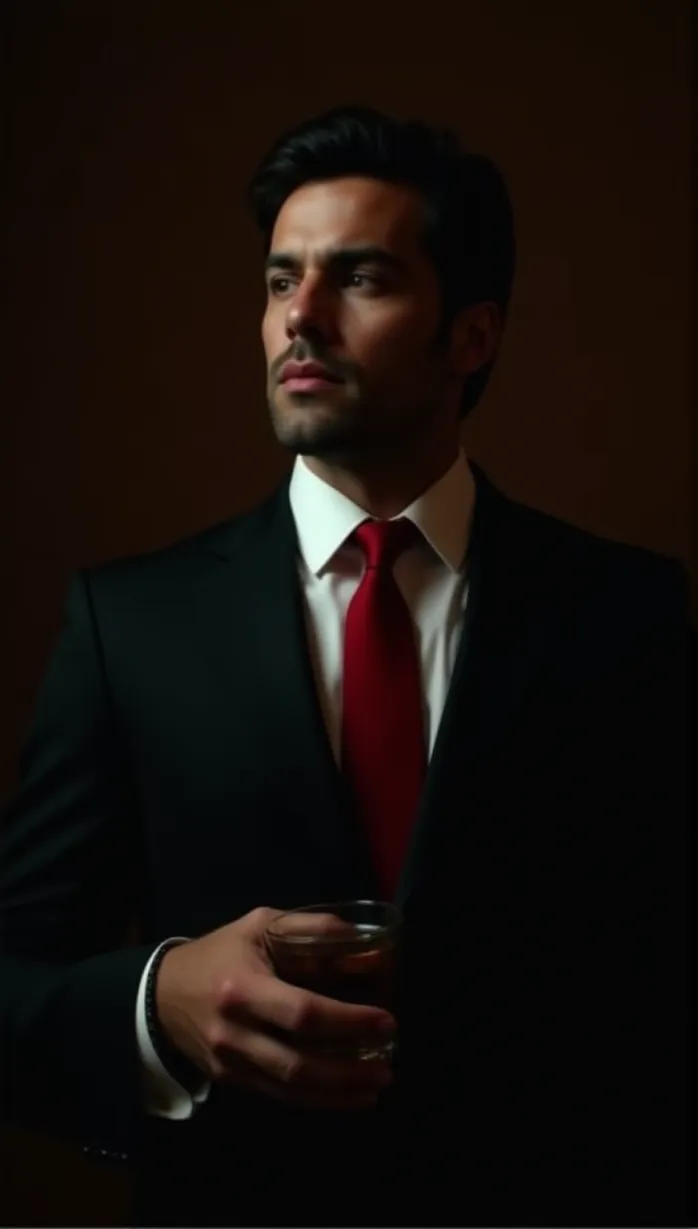 Image male, mid-adult, dark hair, dark eyes, olive skin, muscular build, black suit, red tie, holding a glass of whiskey, looking away, seductive pose, dimly lit, mafia setting, smoky atmosphere, masterpiece, best quality, detailed