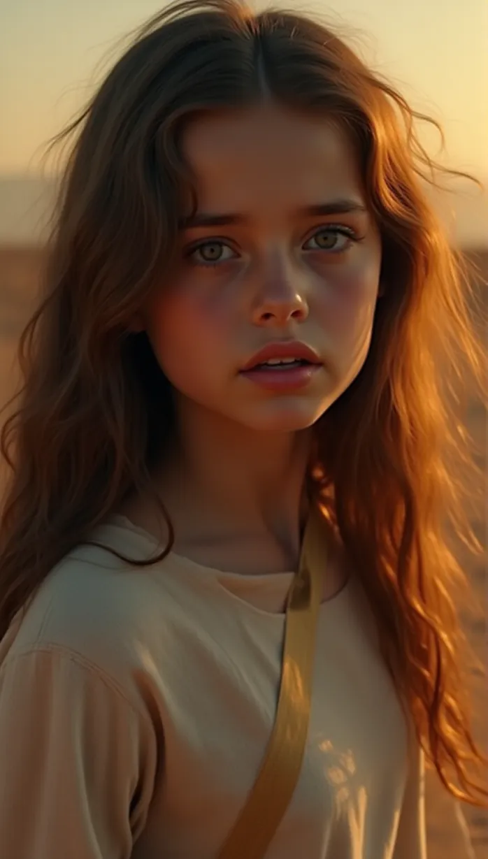 Image solo, young girl, duct tape, struggling, bound, captured, helpless, tears, hopeful, looking away, side view, long hair, messy hair, brown hair, light skin, white clothing, detailed clothing, dramatic lighting, sunset, desert, sand, masterpiece, best quality, detailed