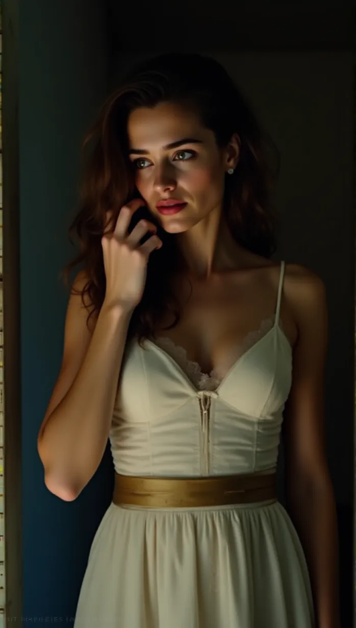 Image upper body, female, young adult, long hair, brown hair, light skin, slim build, elegant dress, white dress, duct tape, bound, crying, fear, looking away, holding, dramatic lighting, indoors, detailed background, masterpiece, best quality