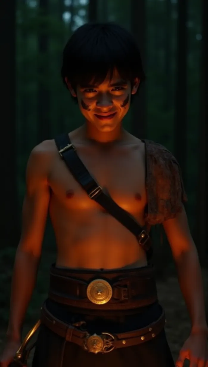 Image male, young_adult, short black hair, dark eyes, tan skin, muscular build, shirtless, leather armor, ornate belt, war paint, smirk, side glance, hand on hip, holding a curved blade, campfire, night, forest, detailed, masterpiece, best quality, seductive, alluring