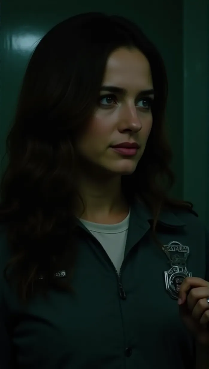 Image female, young_adult, long hair, brown hair, green eyes, fair skin, athletic build, prison guard uniform, holding keys, confident expression, looking away, side view, night, prison cell, detailed, masterpiece, best quality