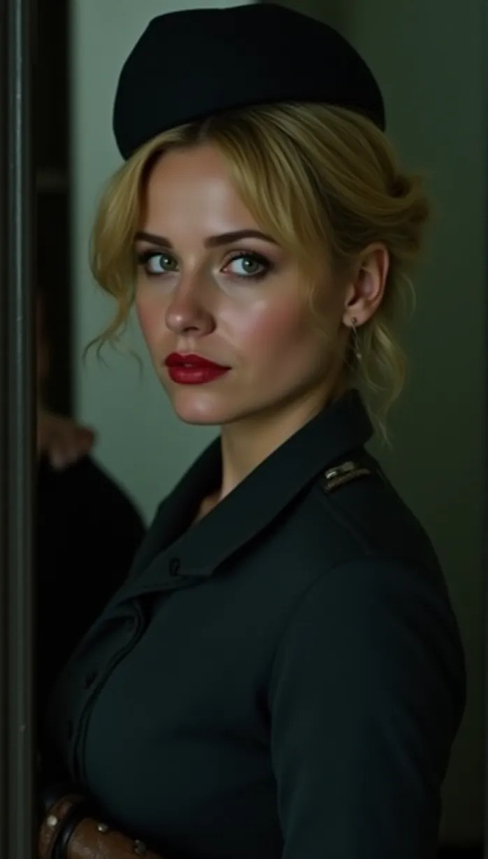 Image female, young adult, blonde hair, green eyes, fair skin, curvy, prison guard uniform, leather gloves, holding love letters, looking over shoulder, backlighting, prison cell, night, detailed, masterpiece, best quality, alluring, seductive, tempting, beautiful, emotional