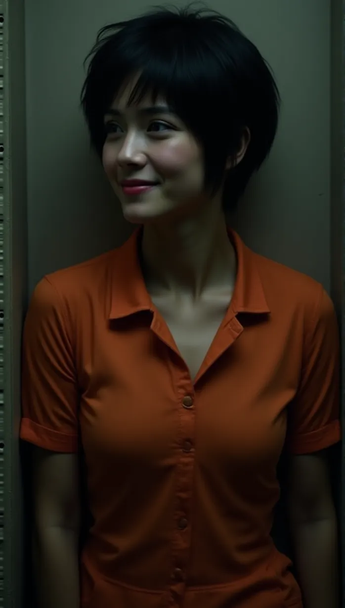 Image female, young_adult, short hair, black hair, brown eyes, light skin, athletic body, prison outfit, black and orange, handcuffs, smirk, looking away, leaning against the wall, dramatic lighting, indoor, prison cell, best quality, masterpiece, detailed