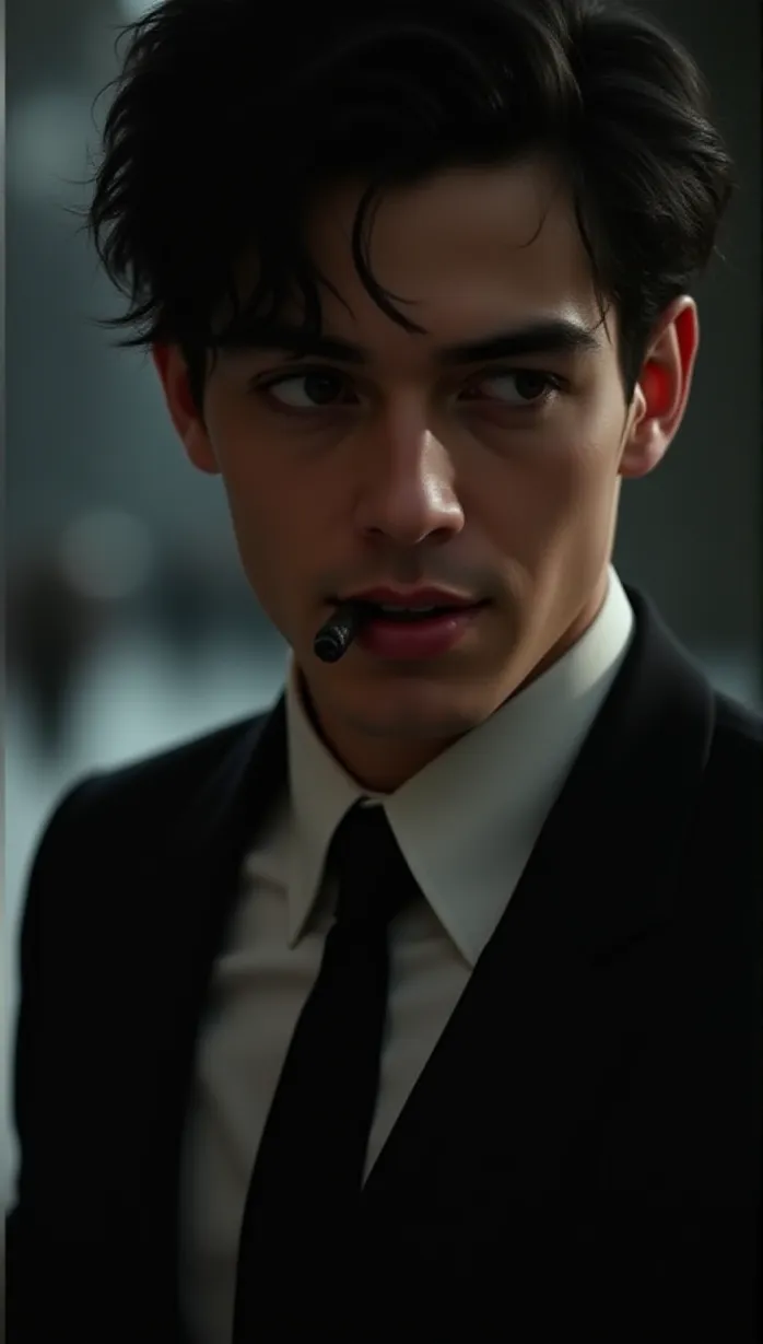 Image male, young adult, black hair, black eyes, pale skin, muscular build, mafia suit, black tie, holding a cigar, smirking, looking away, dramatic lighting, night, city, detailed, masterpiece, best quality, seductive