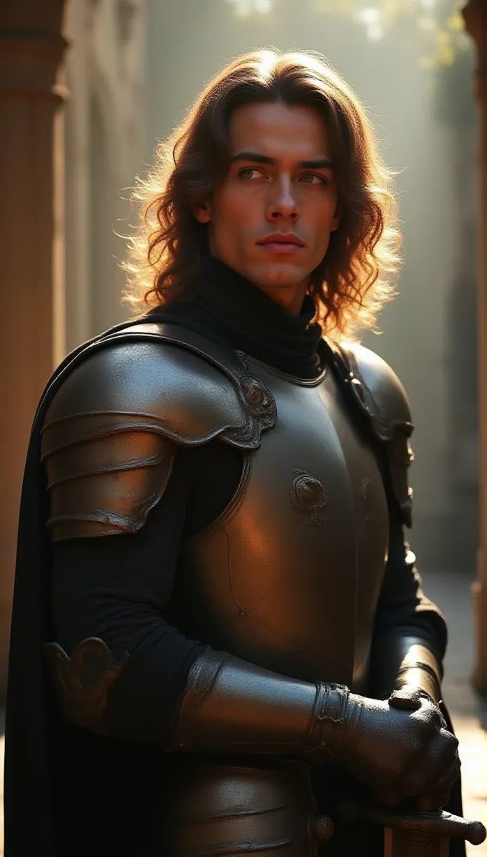 Image male, young_adult, knight, noble, long hair, looking away, armor, royal attire, holding sword, determined expression, morning sunlight, castle courtyard, detailed, masterpiece, best quality, seductive pose, alluring, confident, muscular build, fair skin, blue eyes, golden highlights