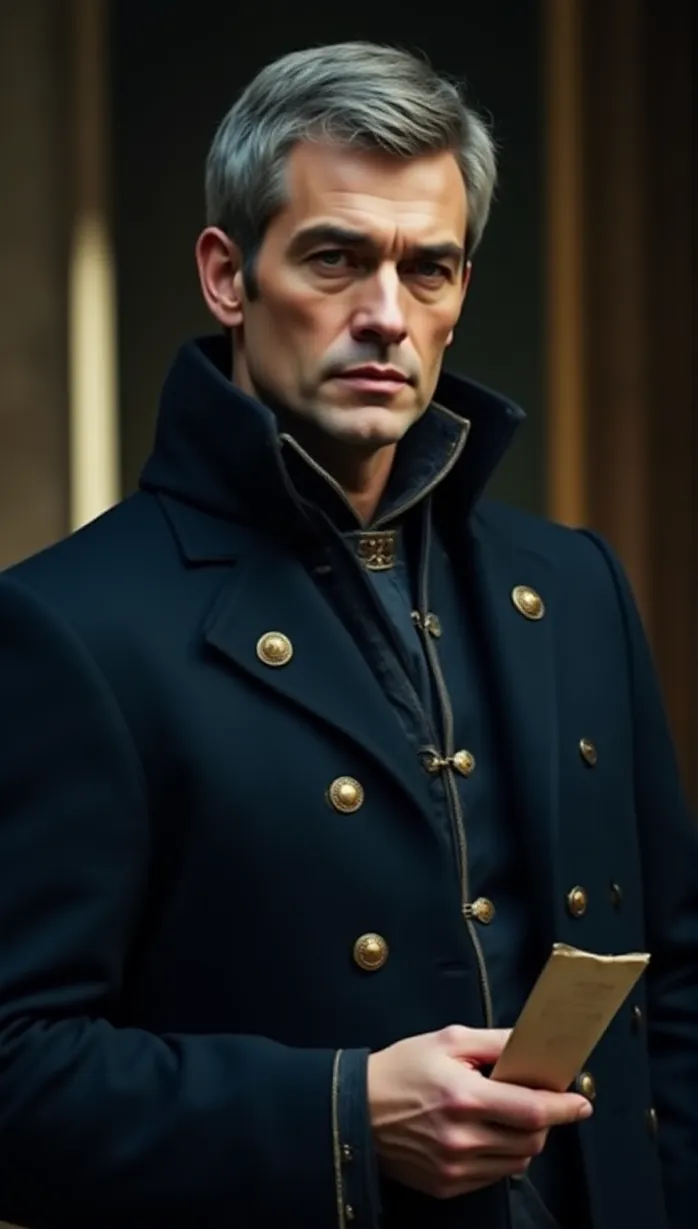 Image male, mid_adult, white skin, short grey hair, determined eyes, regal attire, dark blue coat, gold accents, holding a letter, serious expression, looking away, dramatic lighting, indoor, castle interior, masterpiece, best quality, detailed