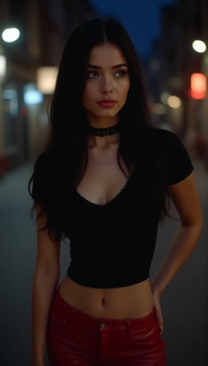 Image female, young adult, long black hair, blue eyes, fair skin, slender body, black crop top, red leather pants, choker, looking away, hand on hip, seductive pose, suggestive, low angle, dramatic lighting, night, city street, detailed, masterpiece, best quality