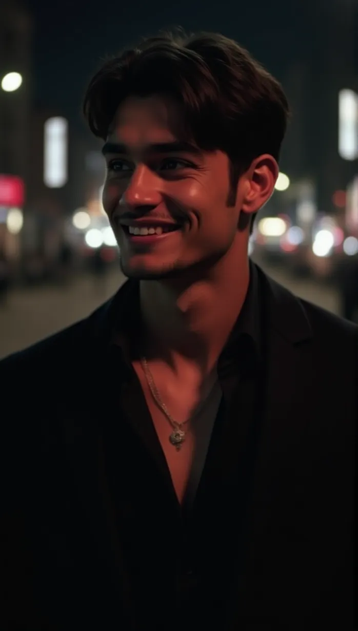 Image male, young_adult, upper body, looking away, confident, sensual, open shirt, dark suit, expensive watch, seductive gaze, strong jawline, smirk, dramatic lighting, city at night, neon lights, masterpiece, best quality, detailed