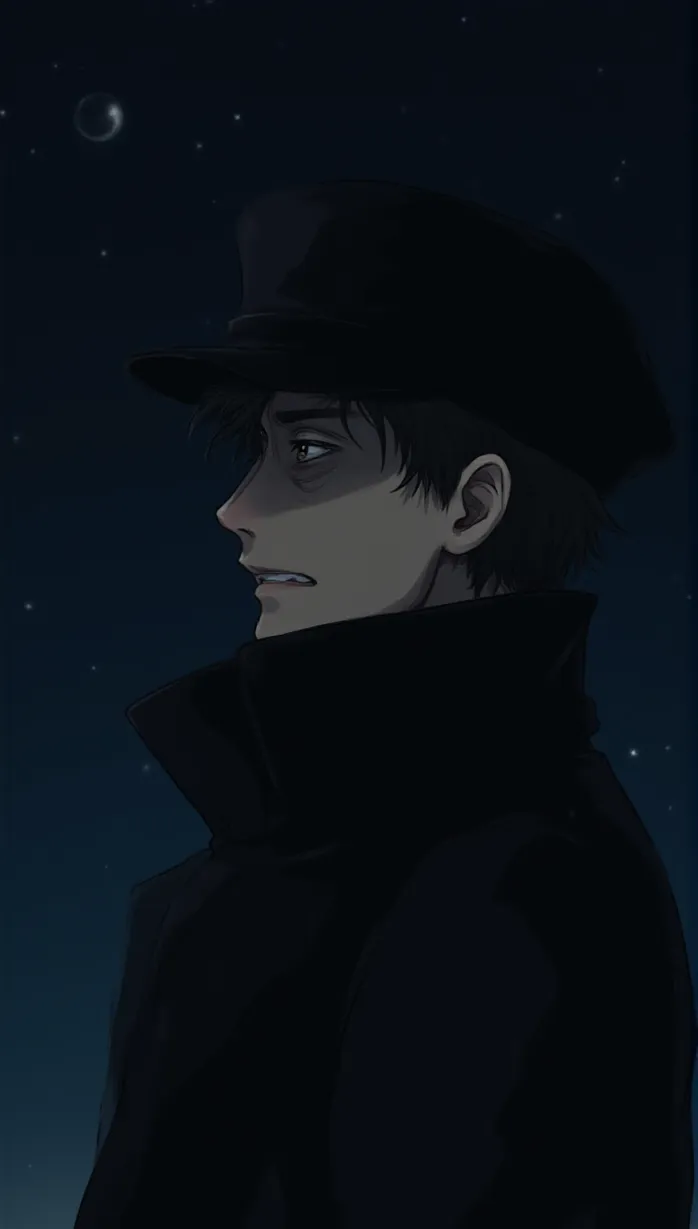 Image male, old, black hat, long jacket, mysterious gaze, upper body, reaching, temptation, dark lighting, detailed, masterpiece, best quality, anime, looking away, night sky background