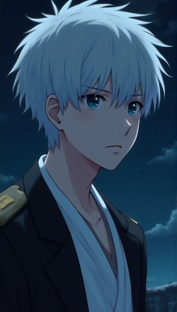 Image upper body, close up, boy, teen, white hair, blue eyes, fair skin, lean build, captain's uniform, white and black, captain's haori, serious, seductive, gazing away, leaning, moonlight, night, Soul Society, detailed, masterpiece, best quality