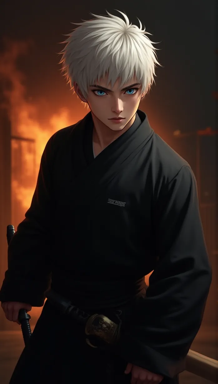 Image male, young_adult, short white hair, blue eyes, pale skin, muscular build, captain's haori, black uniform, holding katana, intense gaze, serious expression, standing, dynamic pose, fire background, night, detailed, masterpiece, best quality
