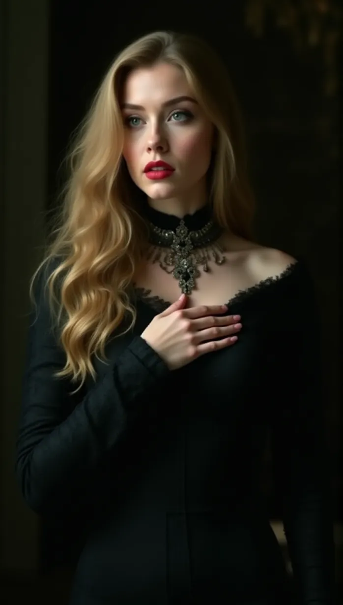 Image female, young_adult, blonde hair, long hair, green eyes, fair skin, hourglass figure, sorceress, intricate outfit, dark colors, jewelry, seductive expression, looking away, hand on chest, confident, mysterious lighting, indoor, detailed, masterpiece, best quality, captivating