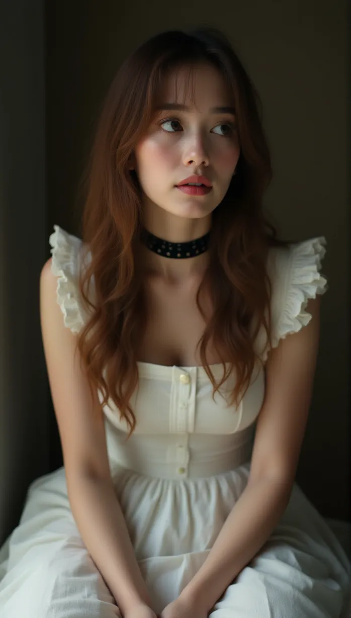 Image female, young_adult, long hair, brown hair, light skin, hourglass figure, maid outfit, white dress, apron, black choker, looking away, shy, submissive, blushing, kneeling, hands clasped, soft lighting, indoor, simple background, masterpiece, best quality, detailed