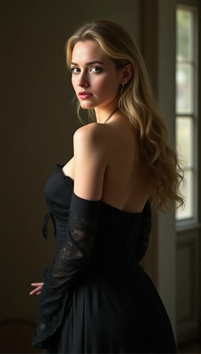 Image female, young_adult, long hair, blonde hair, fair skin, slim build, corset, long dress, black dress, jewelry, looking away, seductive, confident, indoors, detailed, masterpiece, best quality