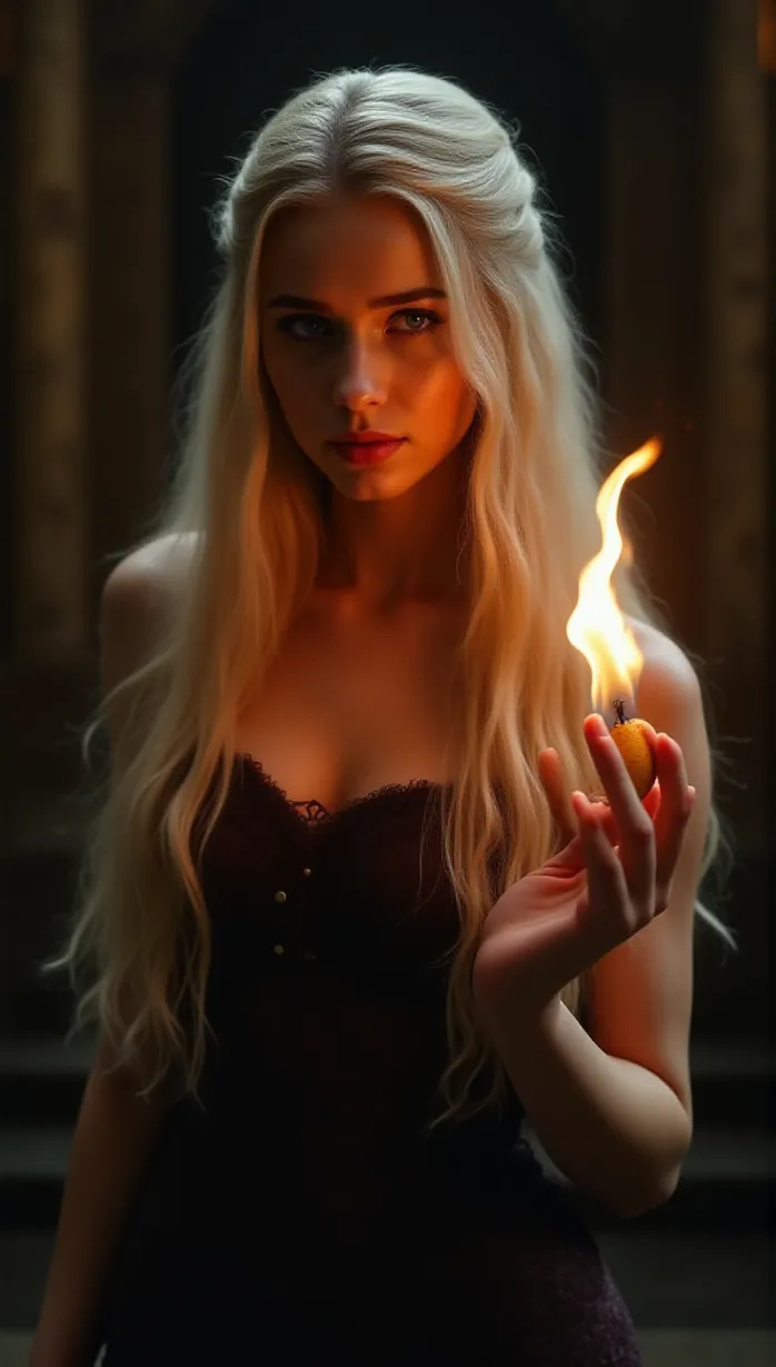 Image masterpiece, best quality, detailed, solo, female, young_adult, long hair, platinum blonde hair, heterochromia, blue eyes, fair skin, hourglass figure, medieval fantasy, fire, holding a dragon egg, looking away, seductive, alluring, temptress, dramatic lighting, dusk, King's Landing, throne room, intricate details, high resolution