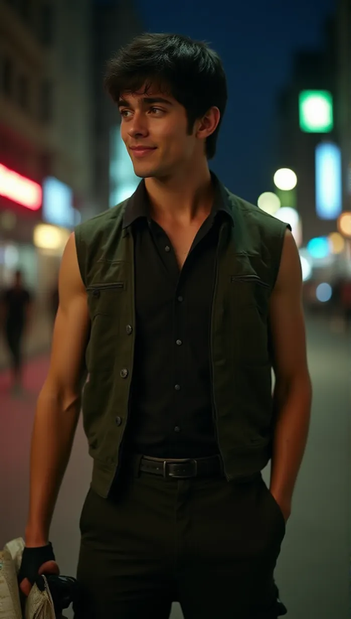 Image male, young_adult, black hair, green eyes, fair skin, muscular build, sleeveless shirt, leather vest, cargo pants, boots, holding map, looking away, smirk, city at night, neon lights, detailed, masterpiece, best quality, alluring, seductive, provocative, tempting