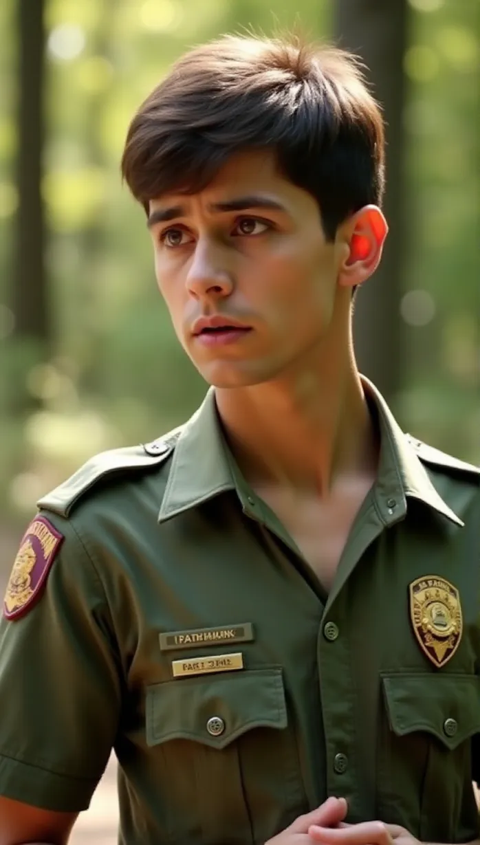 Image male, young_adult, outdoors, park ranger uniform, concerned face, looking away, upper body, hands clasped, sunlight, detailed, masterpiece, best quality, worried, thoughtful, gentle