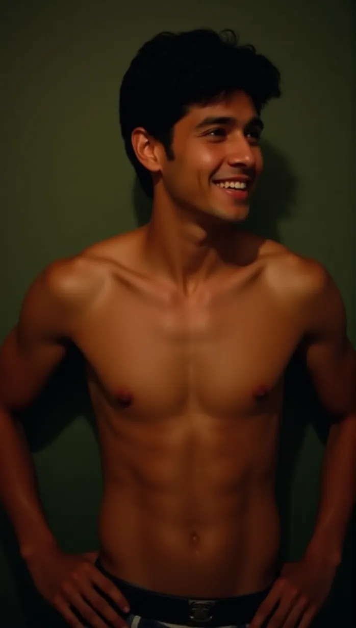 Image male, young_adult, muscular, shirtless, tan skin, black hair, looking away, seductive smile, hands on hips, gym, dynamic pose, detailed, masterpiece, best quality, rim lighting, golden hour, tempting, full body