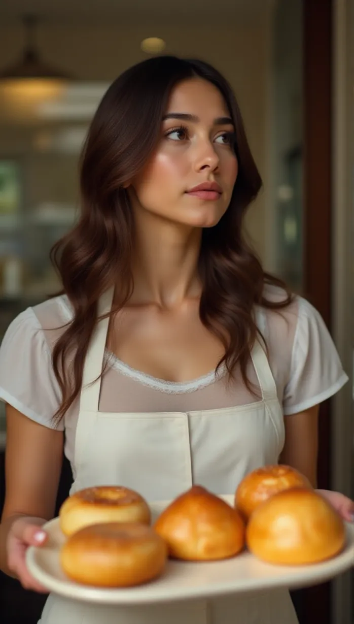 Image upper body shot, (female:1.2), young adult, (long brown hair:1.1), brown eyes, fair skin, slender build, (baking uniform:1.2), white apron, holding a tray of pastries, looking away, seductive, (soft lighting:1.1), indoors, bakery, masterpiece, best quality, detailed, alluring, teasing