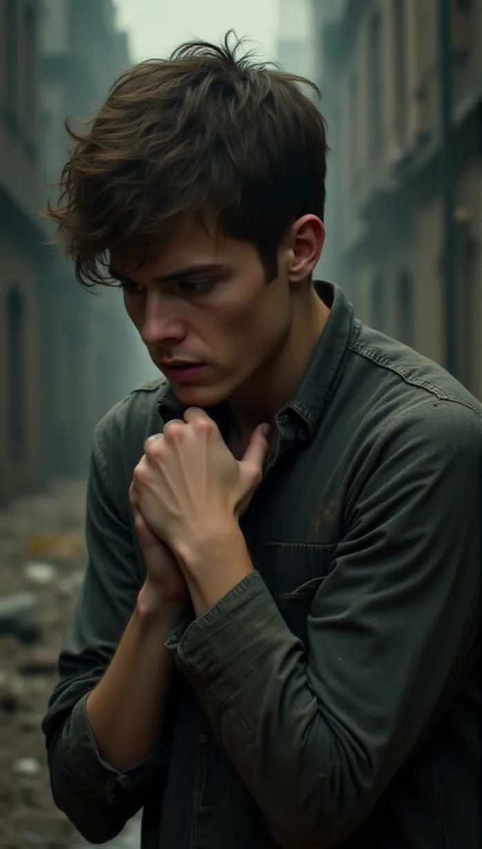 Image male, young adult, short hair, brown hair, brown eyes, pale skin, slender build, tattered clothes, gray shirt, fear, anxious expression, looking down, hands clasped, apocalyptic setting, city ruins, dust, dramatic lighting, masterpiece, best quality, detailed