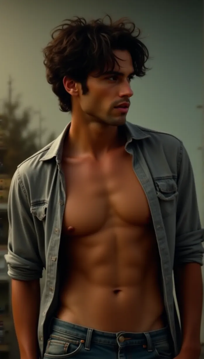Image male, young adult, seductive pose, side glance, muscular build, messy hair, dark hair, slight stubble, deep set eyes, thoughtful expression, open shirt, showing chest, jeans, late afternoon sunlight, gas station background, detailed, masterpiece, best quality, temptation, alluring