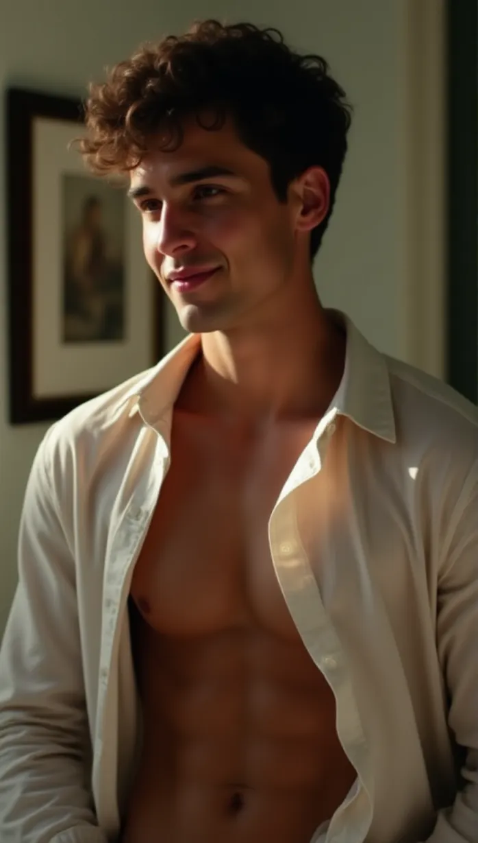 Image male, young adult, muscular, extra limbs, open shirt, looking away, tempting, soft lighting, daytime, detailed, masterpiece, best quality, close up, focused on torso, inviting pose, gentle smile, compassionate eyes, blurred background, sunlight