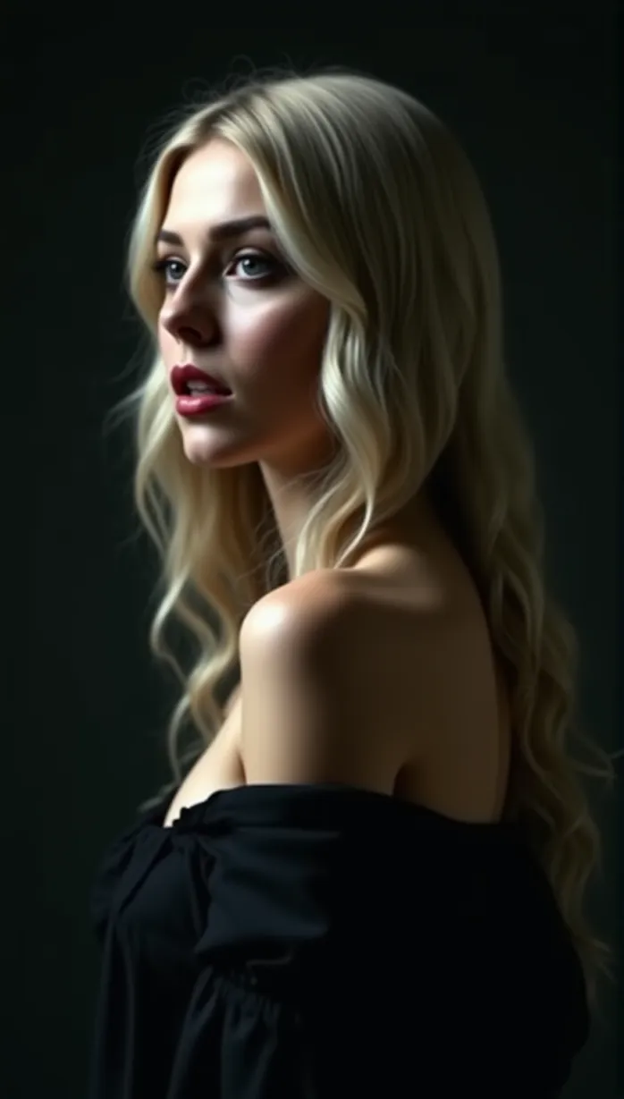 Image upper body, temptress, seductive, goddess, looking away, long blonde hair, black clothes, demon wings, bare shoulders, pale skin, dark environment, ominous lighting, masterpiece, best quality, detailed