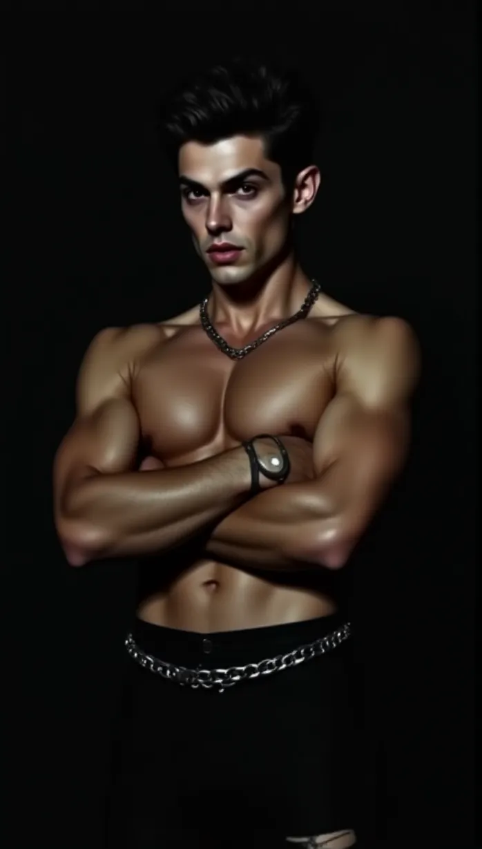 Image male, mid-adult, spiky dark hair, red eyes, pale skin, muscular build, shirtless, torn black pants, chains, smug expression, looking to the side, arms crossed, dynamic pose, dramatic lighting, dark background, masterpiece, best quality, detailed