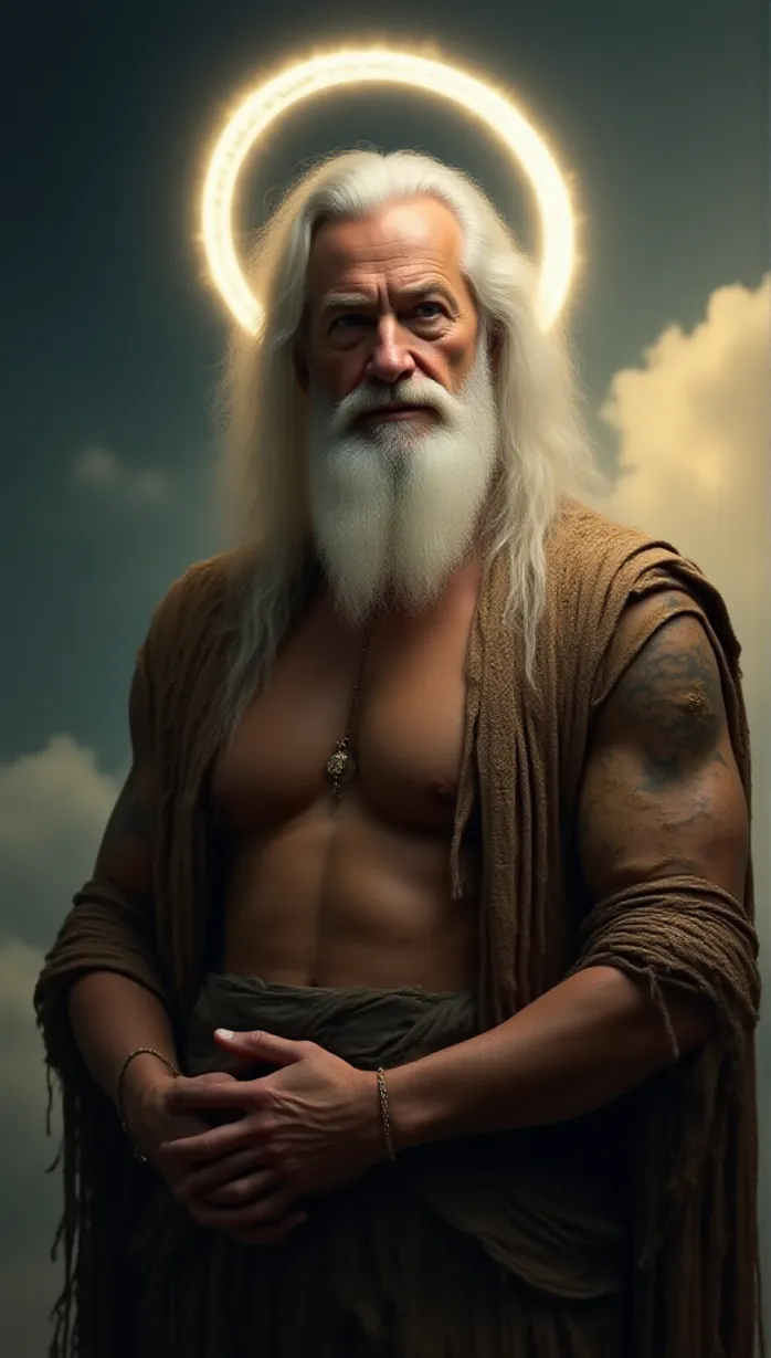 Image male, old, long white hair, beard, muscular build, ripped clothing, gold accents, halo, hands clasped in front, looking to the side, dramatic lighting, heaven, clouds, masterpiece, best quality, detailed, divine