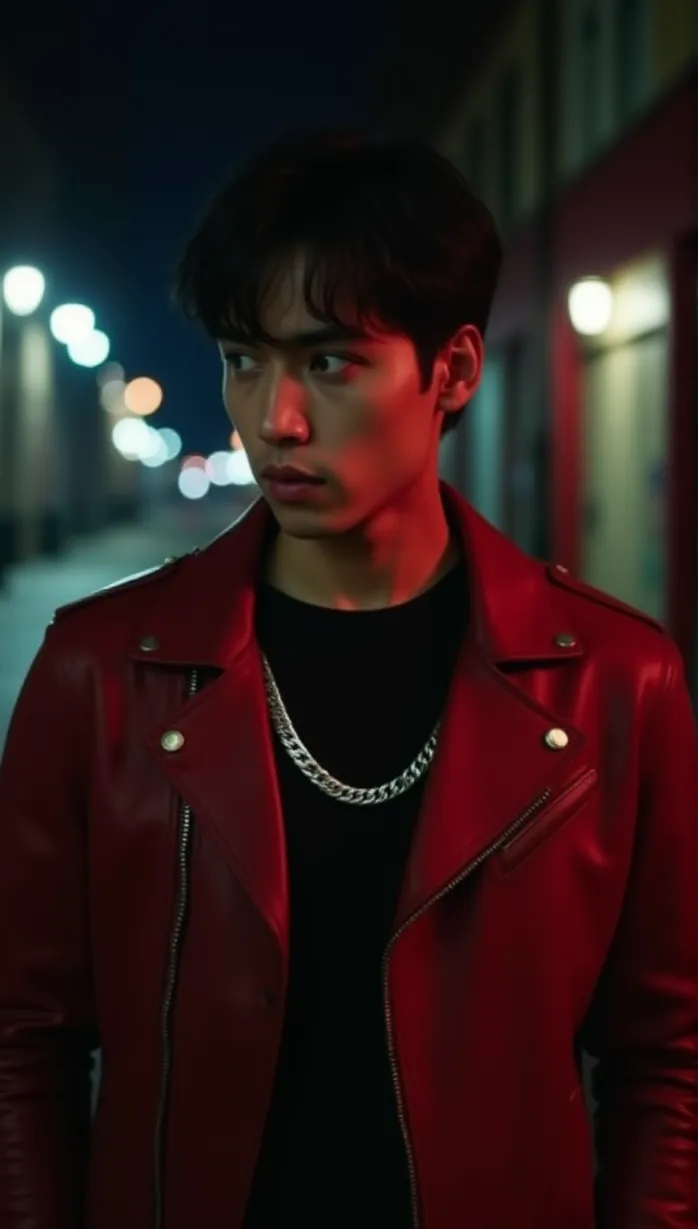 Image male, young_adult, short black hair, dark eyes, fair skin, muscular build, red leather jacket, black undershirt, silver chain necklace, seductive look, looking away, hand on chest, alleyway, night, city lights, masterpiece, best quality, detailed