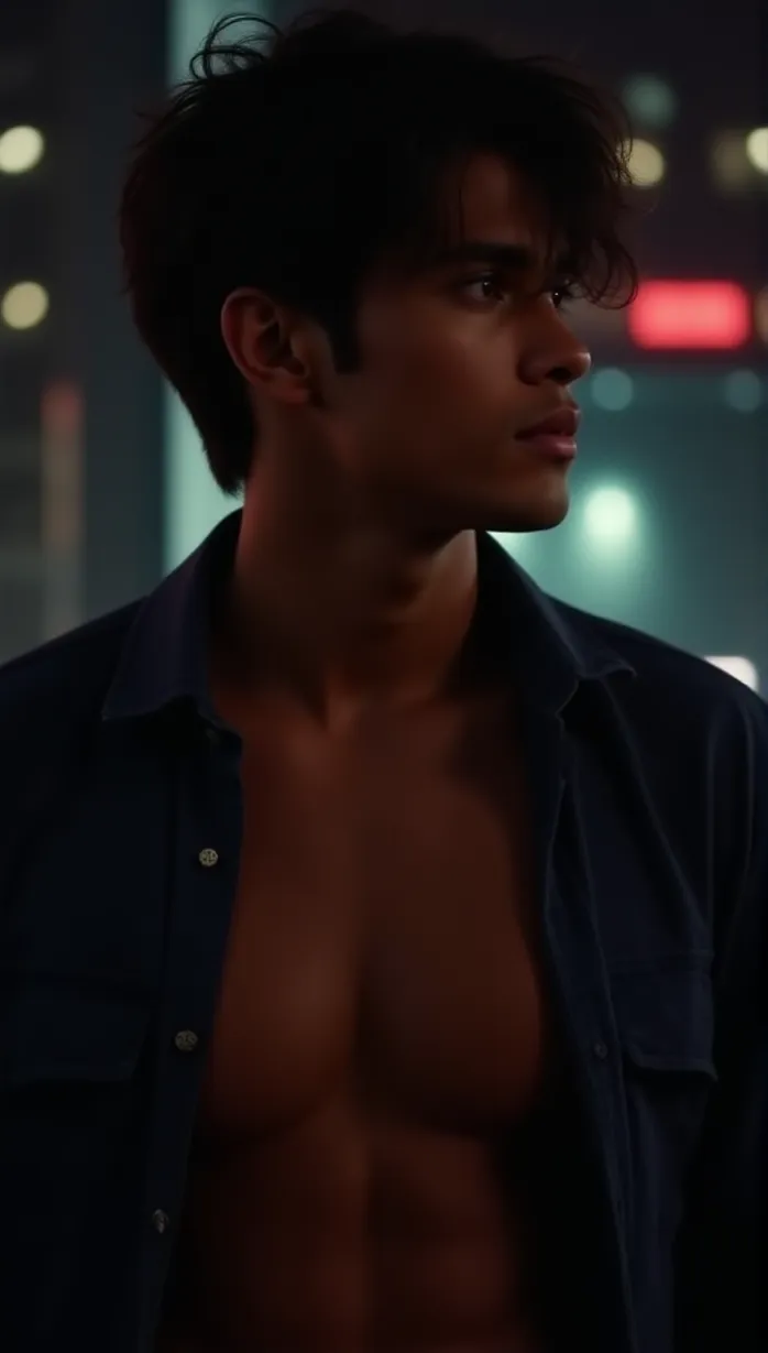 Image male, young_adult, short hair, looking away, bare chest, open shirt, seductive, confident, dark skin, muscular, night, neon lights, city, detailed, masterpiece, best quality