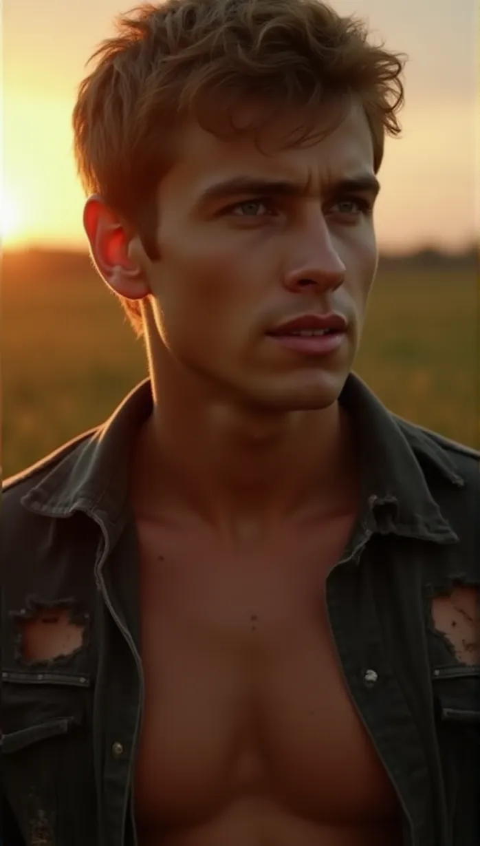 Image male, teen, stern expression, looking away, bare chest, torn shirt, farm, sunset, muscular, ambitious, detailed, masterpiece, best quality, detailed