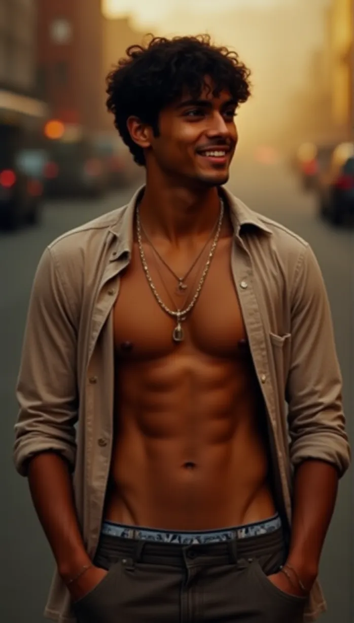 Image male, young_adult, black hair, brown eyes, tan skin, athletic build, open shirt, gold chain, looking away, seductive smile, hands in pockets, sunset, city street, masterpiece, best quality, detailed