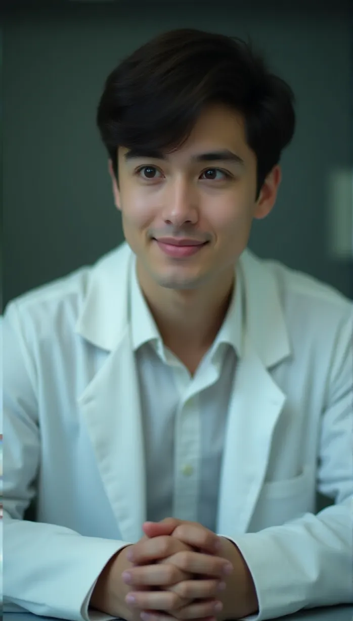 Image male, young_adult, dark hair, brown eyes, pale skin, lean build, lab coat, white shirt, friendly expression, looking away, hands clasped, scientific atmosphere, laboratory, detailed background, soft lighting, masterpiece, best quality, detailed