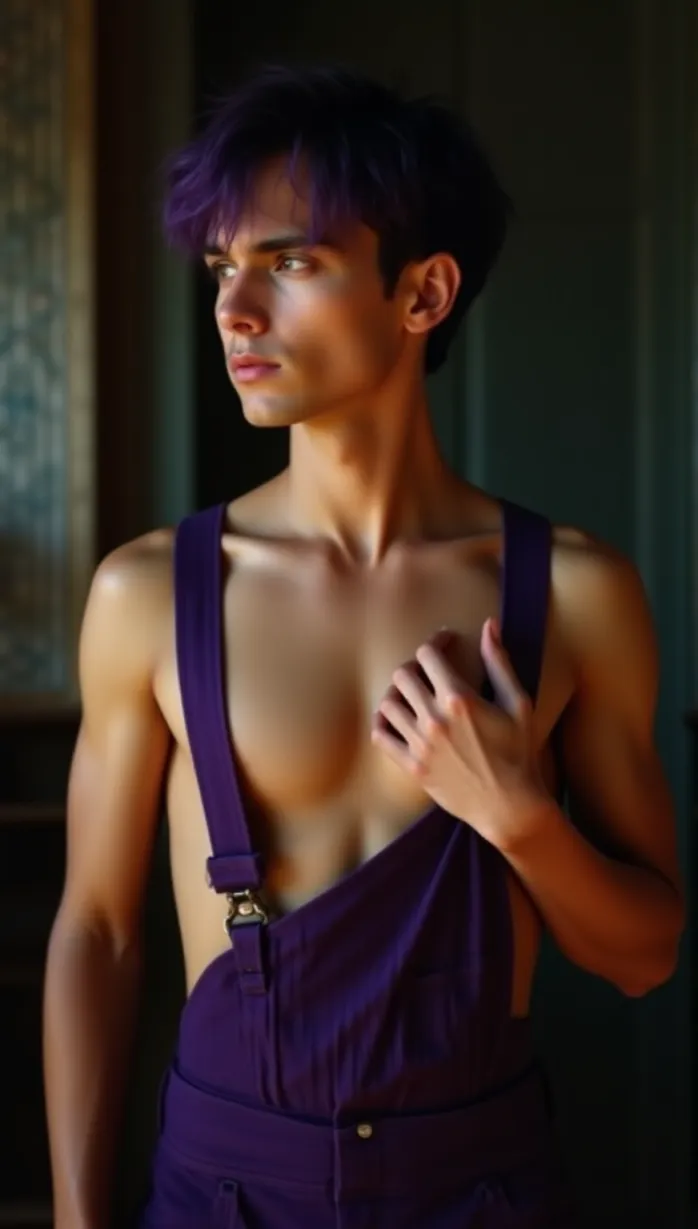 Image male, young_adult, purple hair, black eyes, fair skin, lean build, shirtless, purple overalls, suspenders, looking away, seductive pose, hand on chest, confident expression, dynamic lighting, indoor, detailed background, masterpiece, best quality, detailed