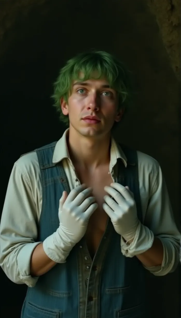 Image male, young_adult, green hair, green eyes, fair skin, slim body, overalls, white gloves, looking away, hands up, suggestive, open shirt, soft lighting, day, inside a cave, masterpiece, best quality, detailed