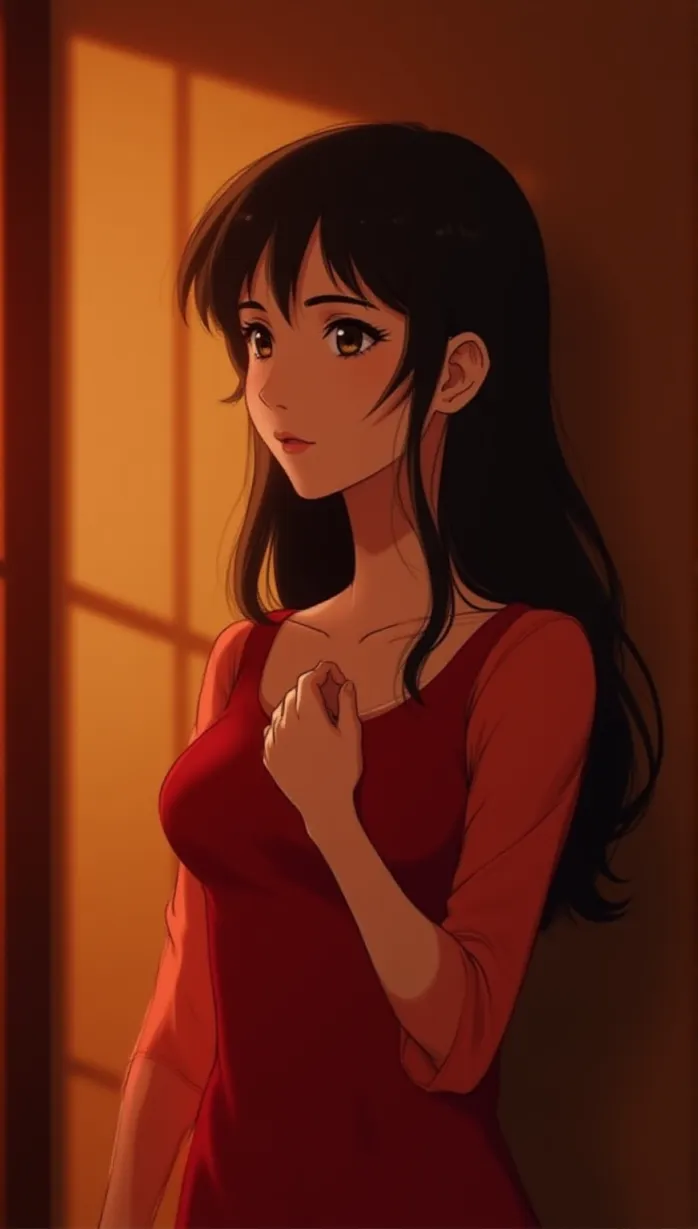 Image female, mid-adult, long hair, black hair, brown eyes, fair skin, slender body, elegant dress, red dress, holding a photo, pensive, looking away, hand on chest, sunset, golden hour, home interior, cozy, warm lighting, masterpiece, best quality, detailed, anime, danbooru
