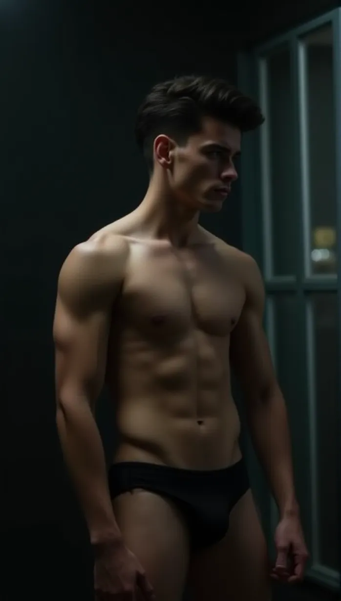 Image male, young_adult, shirtless, four arms, muscular, confident, playful, looking_away, mirror, reflection, detailed abs, gleaming skin, seductive pose, sensual atmosphere, dramatic lighting, mysterious aura, alien planet, futuristic environment, masterpiece, best quality, detailed