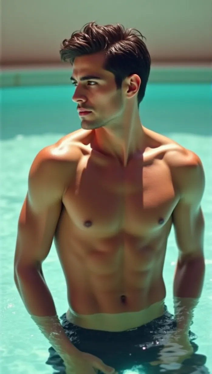 Image shirtless, male focus, confident, toned arms, beach, pool, playful, looking away, seductive smile, water, sunlight, masterpiece, best quality, detailed, dynamic pose, perfect anatomy, realistic shading, wet skin, male, young adult, muscular build