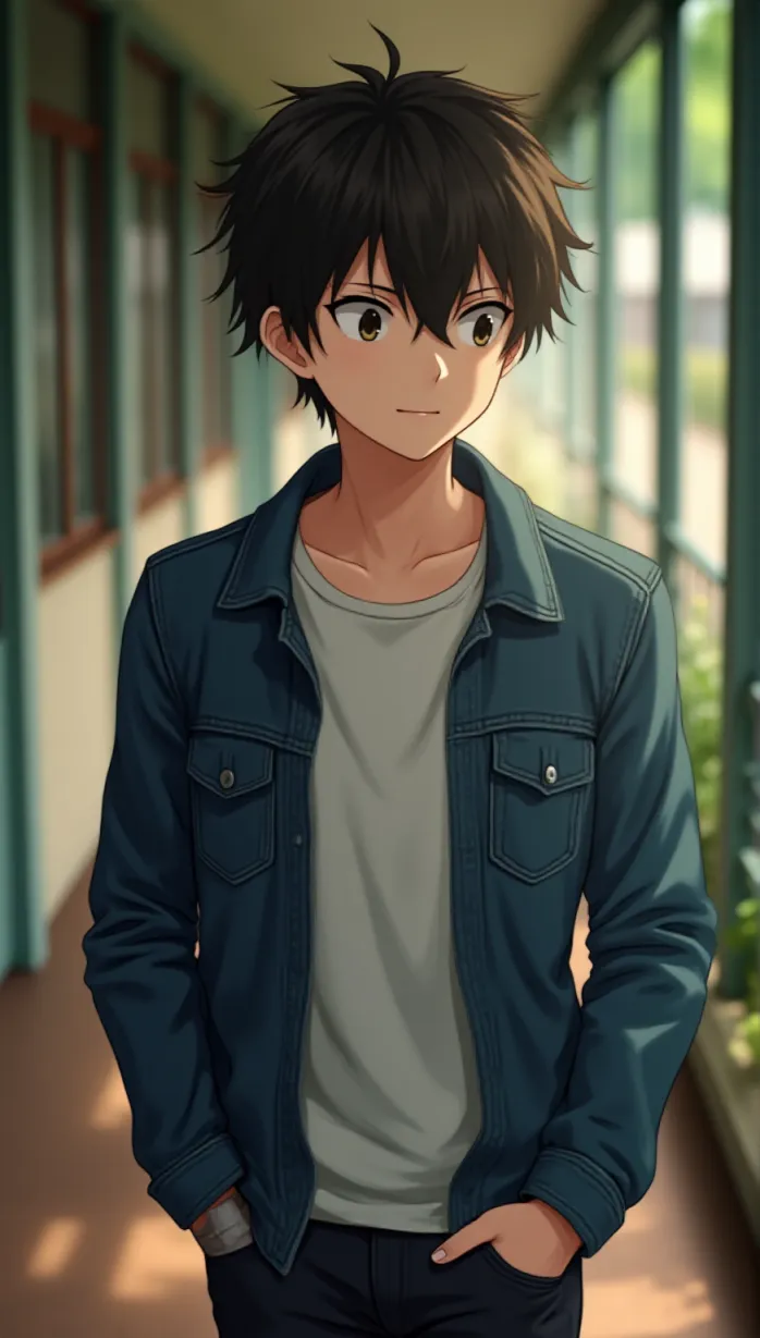 Image male, teen, looking away, mischievous smile, upper body, tempting pose, open collar, white shirt, denim jacket, hands in pockets, sunlight, afternoon, school hallway, detailed, masterpiece, best quality, anime