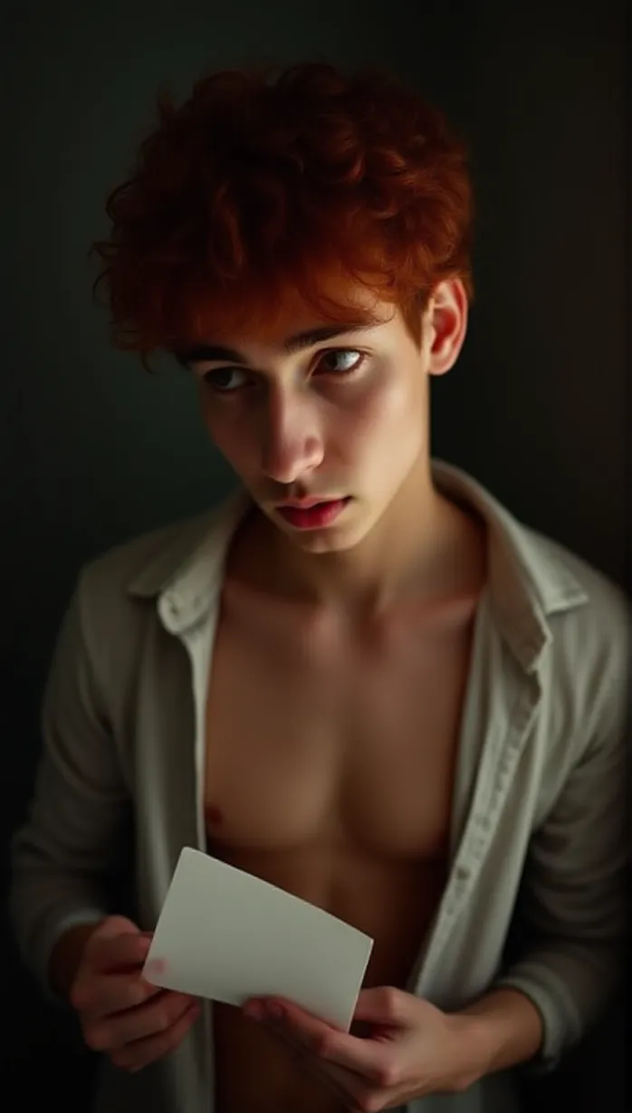 Image male, young_adult, red hair, brown eyes, pale skin, athletic build, shirtless, unbuttoned shirt, holding a letter, looking away, seductive expression, mysterious, soft lighting, late afternoon, city apartment, detailed, masterpiece, best quality